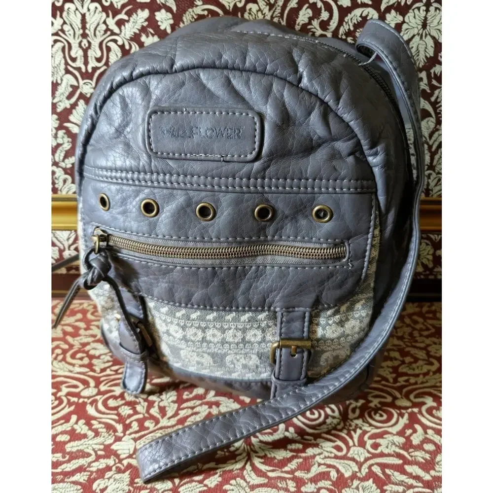 WallFlower Mini Backpack Purse Gray Elephant Tapestry Boho Faux Leather Backpack